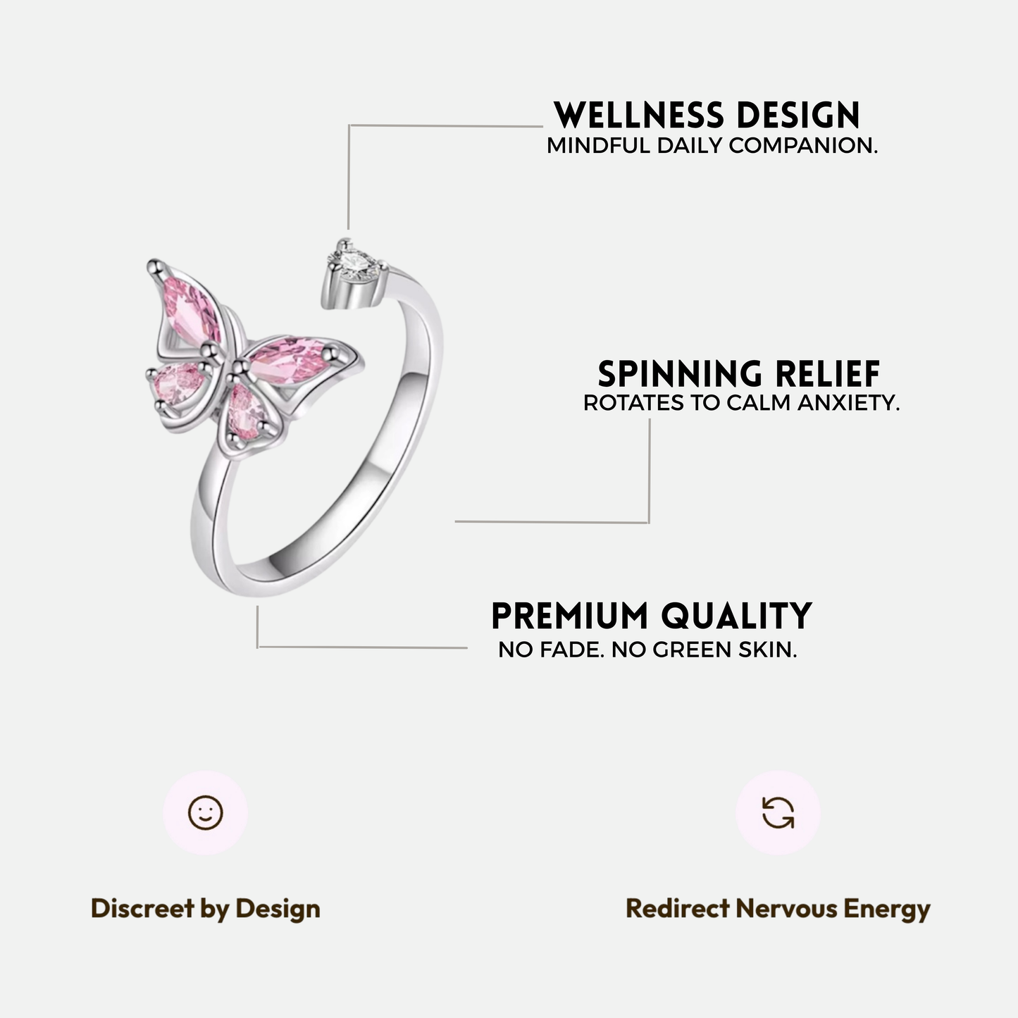 BUTTERFLY SPINNER WELLNESS RING SILVER PINK